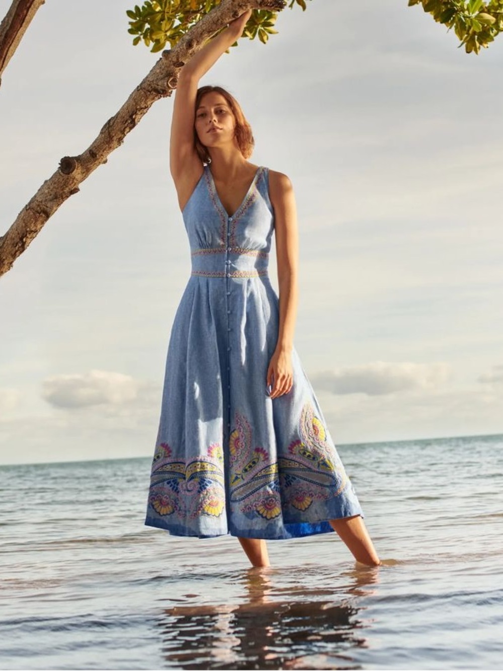 Boden Chambray Midi Dress with Multicolor Embroidery